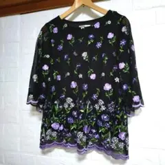 LUCUORE　 ルクオーレ　刺繍入り五分袖　シースルー　チュニック 花柄