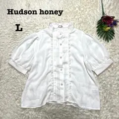 ハドソンハニー　半袖ブラウス　パフスリーブ　フリル　パール　ノーカラー　L