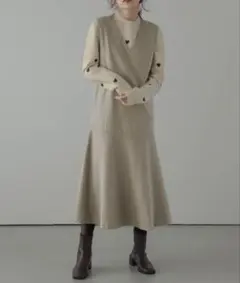 sugar bisket ウール混 Vネック ジャンパースカート ベージュ M