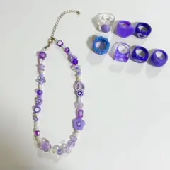 紫　ビーズネックレス　リング　キーホルダー　パーツ