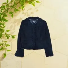 【古着】 ノーカラー ツイードジャケット 黒 フリンジ ショート丈