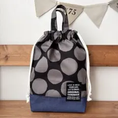 にじみドットブラックデニム　巾着うわばきいれ　ハンドメイド