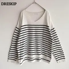 ドレスキップ Vネック ニット プルオーバー M ボーダー カットソー 白黒