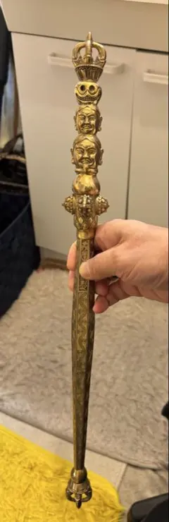 ✶金属工芸品✶錫杖 六環 真鍮製 磨き 黒檀柄付 京都 仏具・密教・山伏・修験道 ✶金属工芸品✶錫杖 六環 真鍮製 磨き 黒檀柄付 京都 仏具・密教・山伏