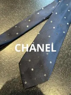 CHANEL ブラック　フラワー　濃紺　シルクネクタイ　花柄　シャネル　ネイビー