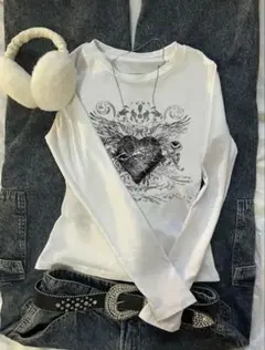 ハートプリント ホワイト長袖Tシャツ