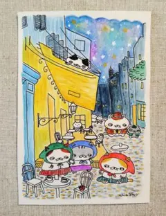 シートのみ【夜のカフェテラスとにゃんこ】手描きイラスト原画