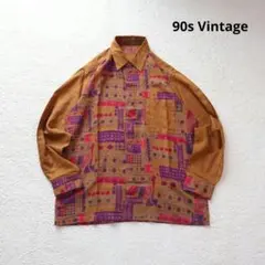 総柄シャツ ブラウン 切り替え デザインシャツ 長袖 古着 メンズ レトロ