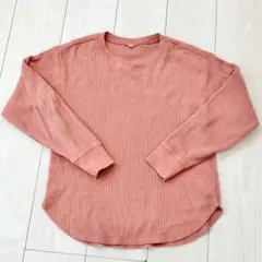 ユニクロ ワッフルクルーネックT サーモンピンク S