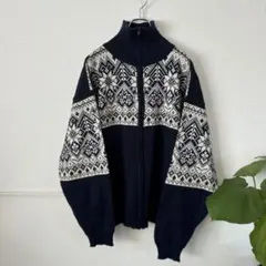 ハバンドHABAND ハーフジップニットセーター 総柄 L ネイビー 一点もの