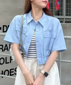 ライトブルー クロップドシャツ 半袖