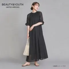 BEAUTY&YOUTH 麻コットン ギャザーボリュームワンピース 黒 ロング