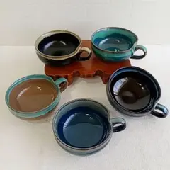 ☆Y56 【未使用品】可愛いスープカップ 5点 ハンドル付 陶器製 釉薬 ☆Y56 【未使用品】可愛いスープカップ 5点 ハンドル付 陶器製 釉薬