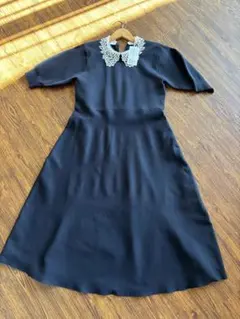 ネイビー レース襟 七分袖 ワンピース フリーサイズ