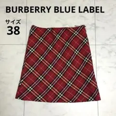 バーバリー ブルーレーベル チェック レッド 台形 ミニスカート ウール 38