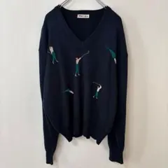 ミボラ 【Ｆ】Ｖネックニットゴルフ柄 刺繍 ドロップショルダー リブ ネイビー