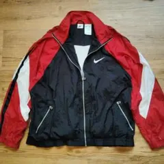 90s 銀タグ Nike ナイロンジャケット XL 黒赤白 刺繍ロゴ