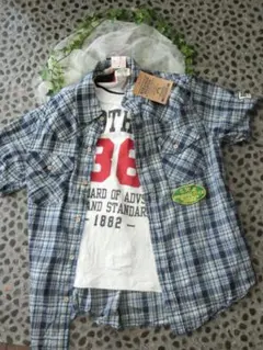 新品未使用☆１６０男子ブルーチェック柄半袖シャツ＋ノースリーブTシャツ２点セット