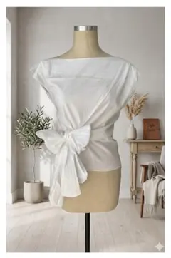 未使用品ZARAリボンカシュクールフレンチスリーブシャツ ホワイト