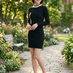 ミシェルマカロン ビジュー装飾 長袖ニット　ミニワンピース　ブラック　XSサイズ