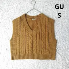 美品【GU】チャンキーニットクロップドベスト マスタード Vネック S