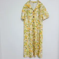 【昭和レトロ】ヴィンテージ 花柄 ロングワンピース 半袖 イエロー 総柄