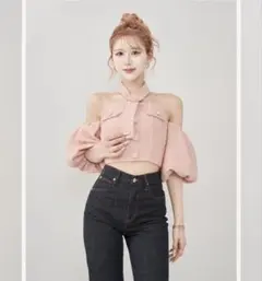 Darich ダーリッチ　ホルターネックオフショルツイードトップス　PNK