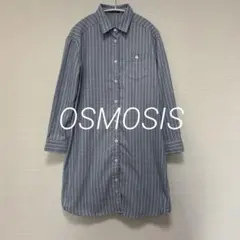 美品❣️OSMOSIS ストライプシャツワンピース　チュニック　前開き　ワンサイズ