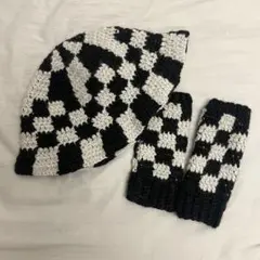 ハンドメイド チェッカーニットバケットハット帽とアームカバーセット
