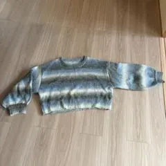 青とグレーのストライプ ニットセーター M