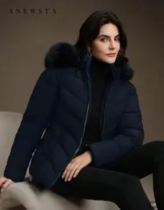 Anewsta ネイビーブルー フード付き ダウンジャケット