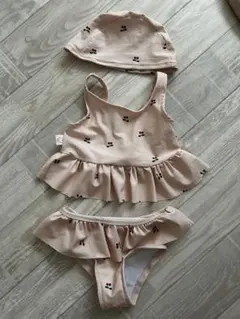 ベビー水着 女の子用 ピンク チェリー柄 フリル付き 帽子付き