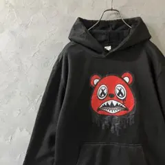 ヴィンテージ　パーカー　プルオーバー　ビッグプリント　黒　L相当　クマ　IW4