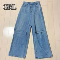 GRL ハイウエスト　デニムパンツ　セミワイド　フレア　M 青　ダメージデニム