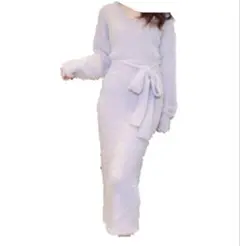 ミシェルマカロン ウエストリボンシャギーロングニットワンピース ラベンダー F