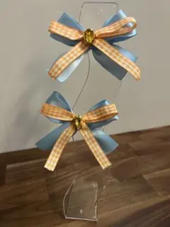 アイドル衣装　青とオレンジのダブルリボンヘアクリップ　　2個セット