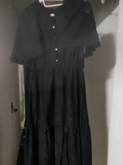 レースフリル付きロングワンピース 黒