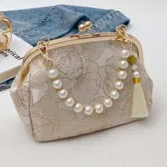 パーティバッグ 結婚式 パール がま口 刺繍 ポーチ ハンドバッグ ゴールド