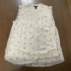 ホワイト 花柄 シフォン ノースリーブシャツ