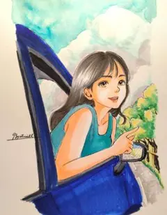 手描きイラストA4　コピック・水彩画『車窓から』