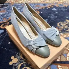 【新品未使用】リズラフィーネ 水色 リボン 5cmヒール パンプス(幅広)