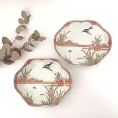 古伊万里　アンティーク　色絵　燕と蝶　金彩　変形皿　２客②