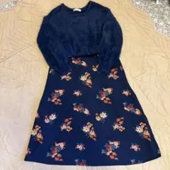 Andemiu アンデミュウ ロングワンピース 花柄 ネイビー