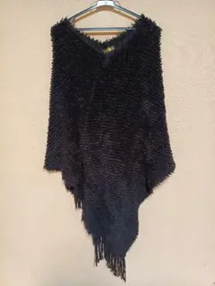 ANZU フリンジ付きニットポンチョ ケープ F ブラック★格安！！