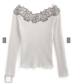 ボートネックフラワーレースリブニットトップス[dr760] 白S