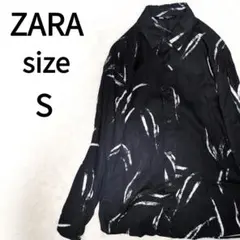 美品 ZARA ザラ 総柄 長袖シャツ ペイント モノトーン ブラック メンズS