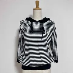 レディースパーカー ボーダー柄 ブラック ホワイト 刺繍　七分袖　春夏