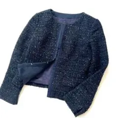 【美品】アンタイトル　ツイード　ノーカラージャケット　セレモニー　紺　S　総裏