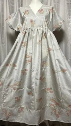 紬着物リメイク　カシュクール風切替Ａラインロングワンピース（正絹）リボンベルト付