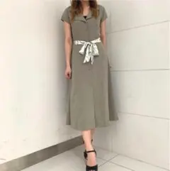 ミーア スカーフベルト付き開襟シャツワンピース カーキ